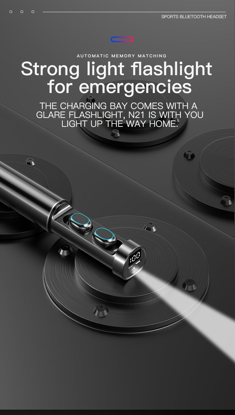 TWS N21 Earbuds With Torchlight Wireless Earphone HD HIFI Sport Gaming Headset Handsfree Wireless Earphone With Flashlight TWS Wireless Earbuds Touch Control Stereo TWS Mini Wireless Sports Headphones Waterproof Hi-Fi