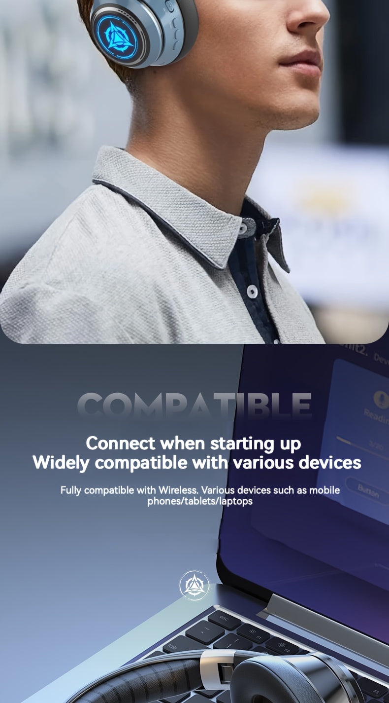 Wireless Gaming Headphones with Noise Reduction and Ambient Lighting Retractable and Foldable Wireless Earbuds