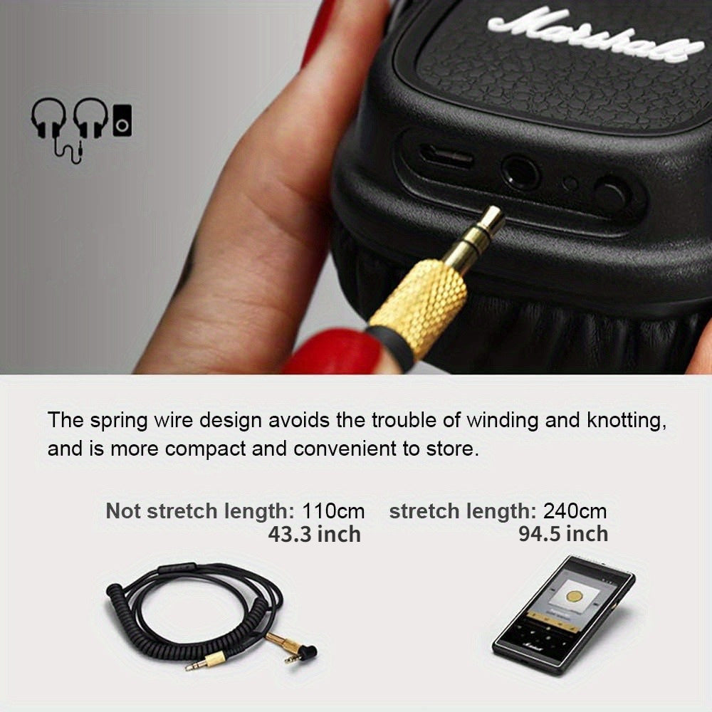3.5MM Headphones Cable for Marshall Majior II Monitor MID Earphones Replacement Spring Cable, 3.5mm to 3.5mm Spring Audio cable with Mic 90 Degree Right Angle