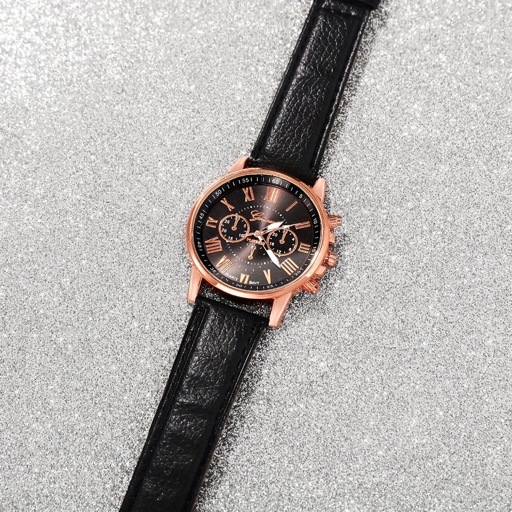 3pcs Elegant Roman Quartz Women's Watches - Faux Leather Strap Gift Set | HAMZAKHANSTORE