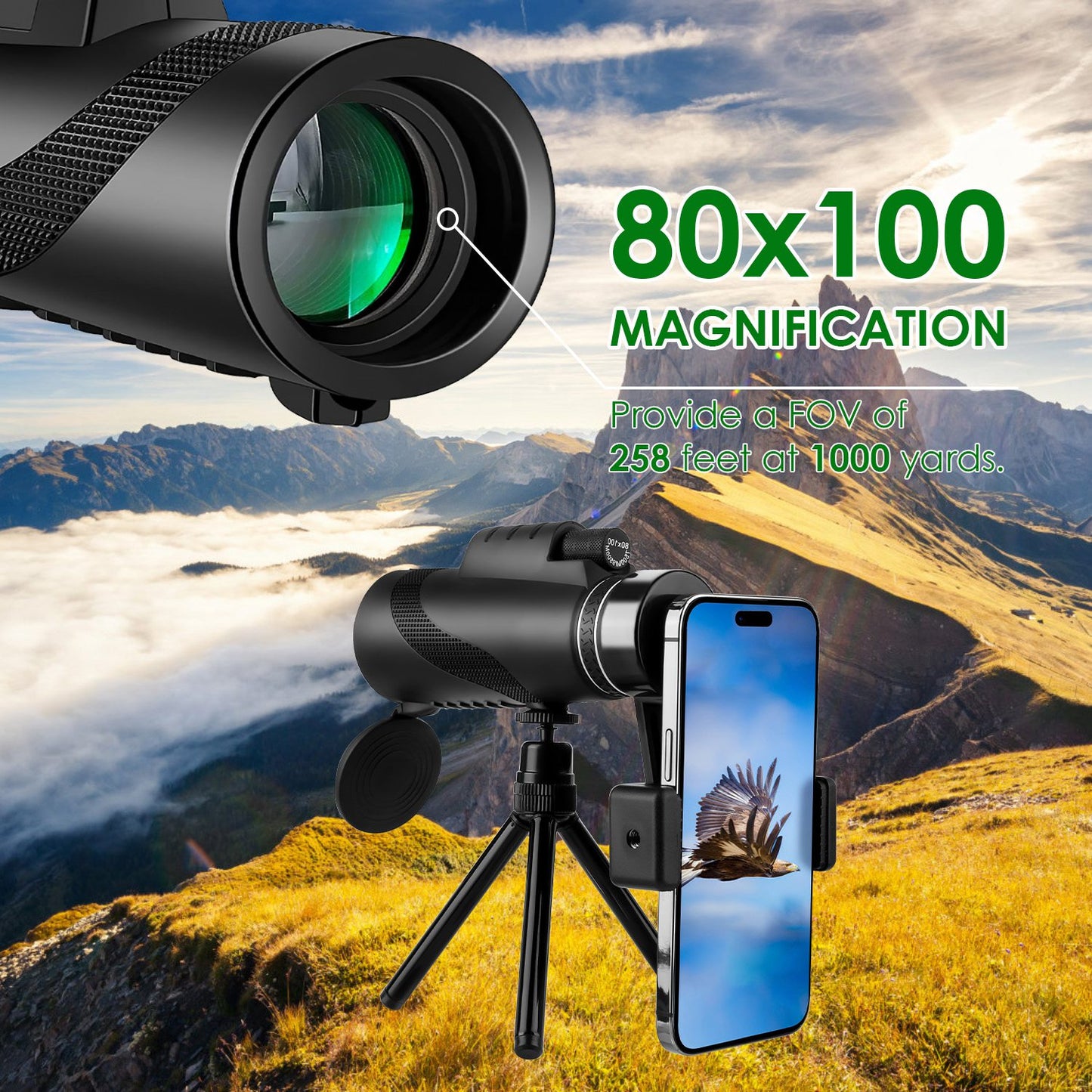 1Pc 80x100 HD Monocular Telescope For Adults BAK-4 Prism High Power Monocular For Smartphone With FMC Lens Phone Adapter Tripod Case For Bird Watching Hunting Hiking Camping