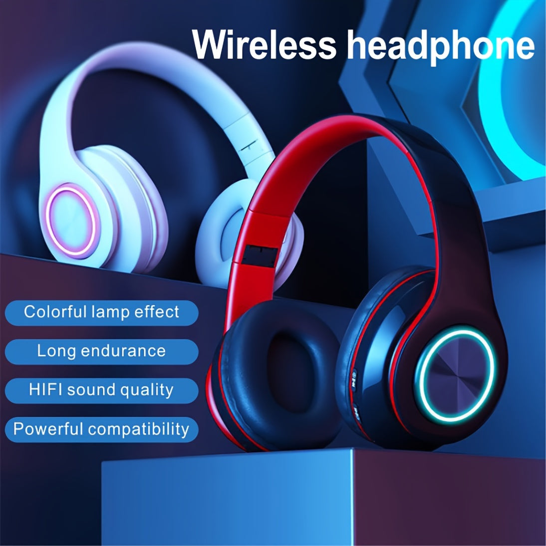 Classic Head-Mounted Colorful Flash All-Inclusive Ear B39 Wireless Headphones - Wireless, USB Charging, 3.5mm Jack, Condenser Microphone, Rechargeable Lithium Battery, Non-Waterproof, Ideal for Running, Black & Pink Design, H.