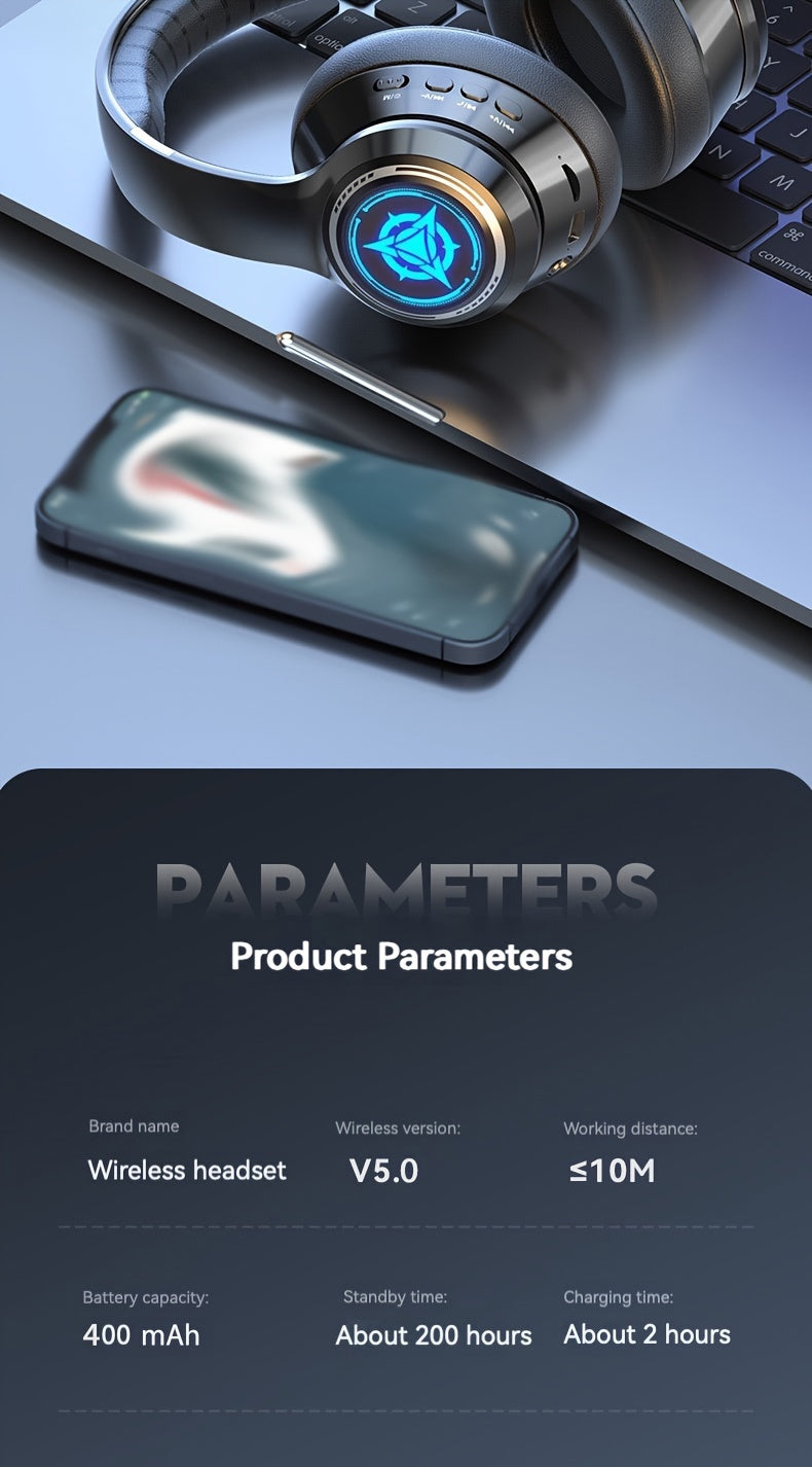 Wireless Gaming Headphones with Noise Reduction and Ambient Lighting Retractable and Foldable Wireless Earbuds