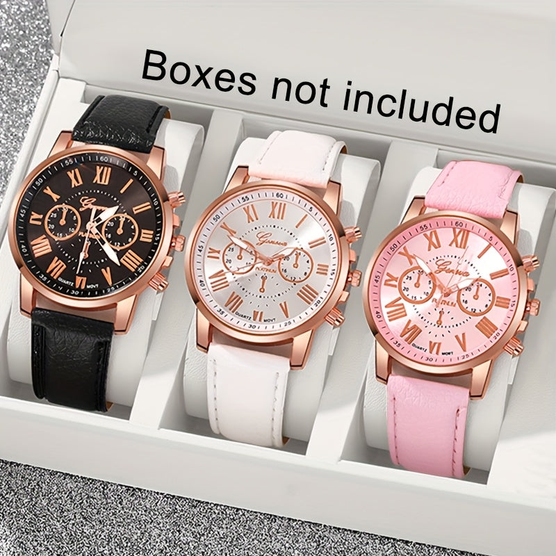 3pcs Elegant Roman Quartz Women's Watches - Faux Leather Strap Gift Set | HAMZAKHANSTORE