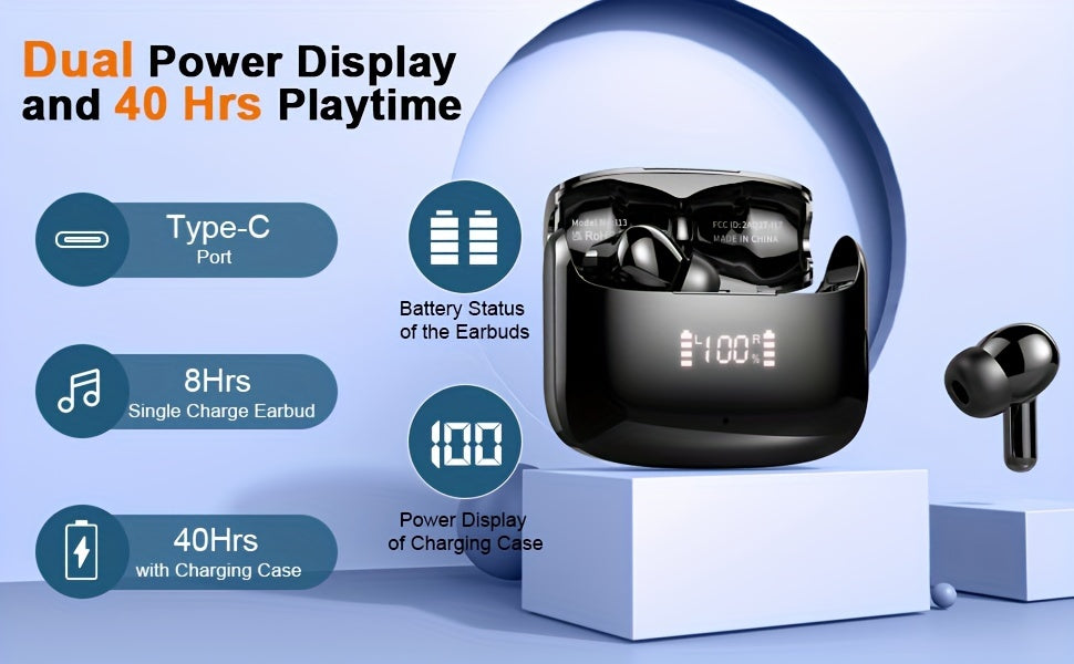 Wireless Earbud, Wireless Headphones 5.3 Stereo Bass Earphones, Ear Buds 40H Dual Mic Call, Earbud in-Ear USB-C LED Display Sport Headset