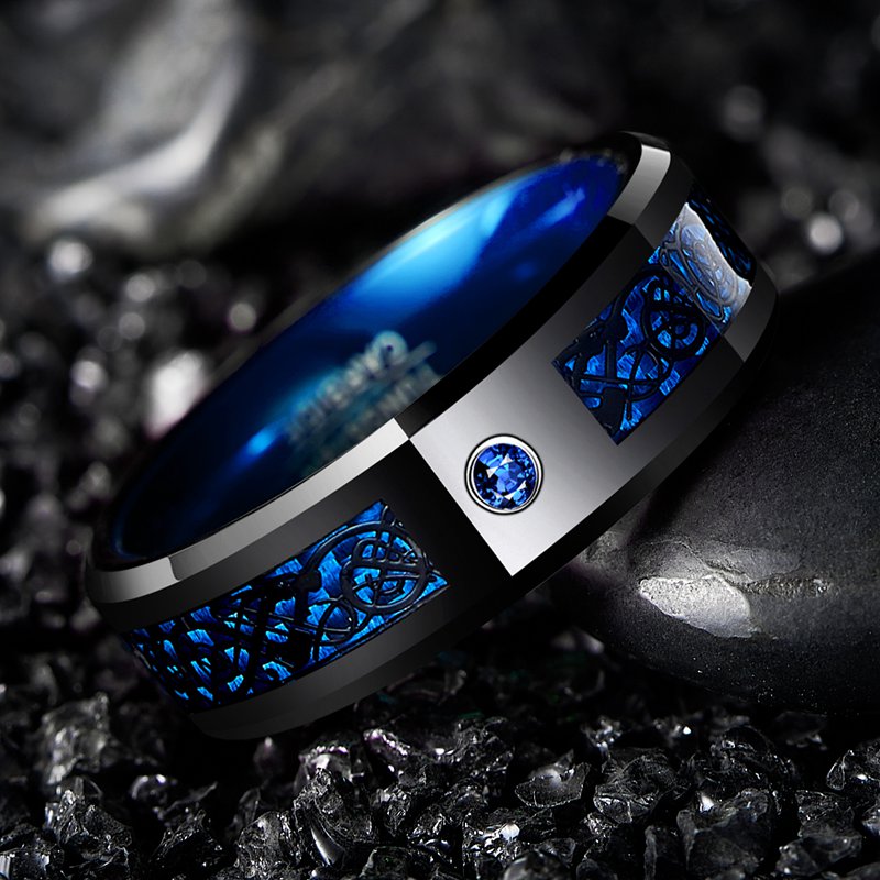 8Mm Wide Inlaid Black Dragon Pattern Blue Carbon Fiber Men'S Tungsten Ring USA Size 7-14, Without Battery