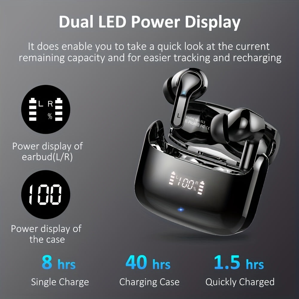 Wireless Earbud, Wireless Headphones 5.3 Stereo Bass Earphones, Ear Buds 40H Dual Mic Call, Earbud in-Ear USB-C LED Display Sport Headset