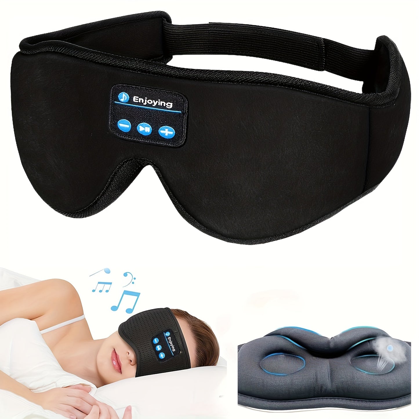 EOWULFROST Wireless Sleep Mask with Wireless Headphones - Wireless Sleeping Headphones, USB-C Charging, Foldable Design, Compatible with Smartphones/Tablets, Ideal for Side/Back Sleepers, Travel, Flights, Trains - Dark Black