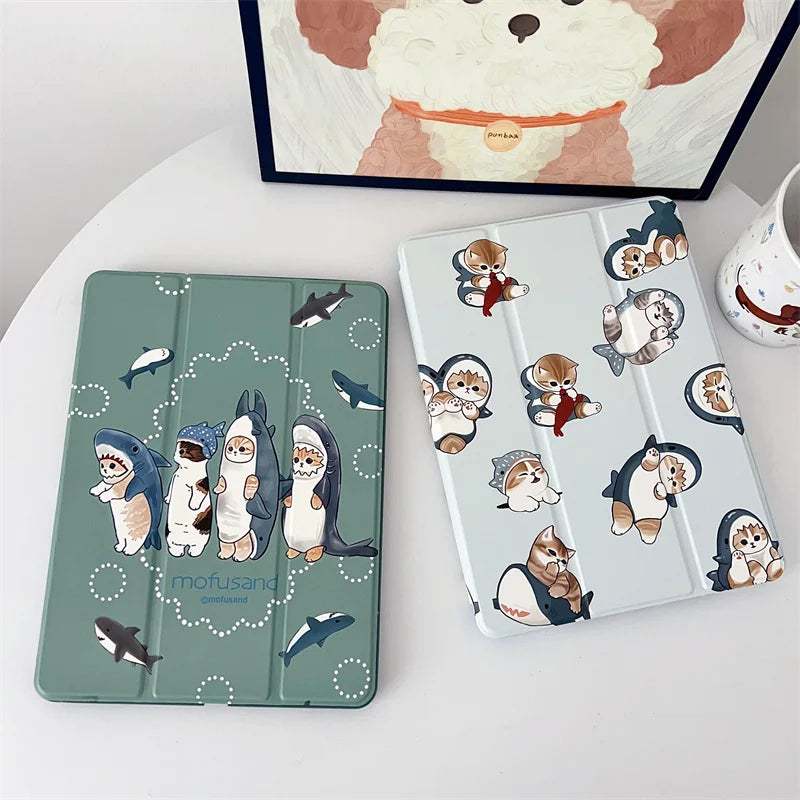 Cute Cat Shark Tablet Case For iPad Pro 11 inch Air 2024 iPad Air 5/4 10.9 10 5/6/7/8 10.2 9.7 inch Air3 10.5 mini 6/5/4 Cover