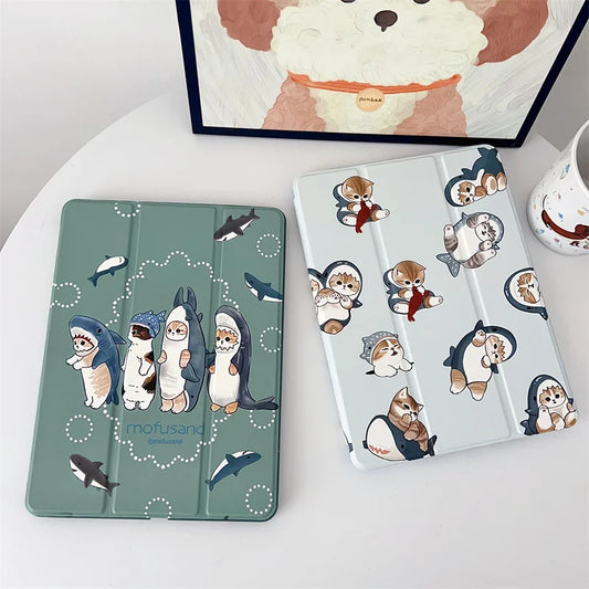 Cute Cat Shark Tablet Case For iPad Pro 11 inch Air 2024 iPad Air 5/4 10.9 10 5/6/7/8 10.2 9.7 inch Air3 10.5 mini 6/5/4 Cover