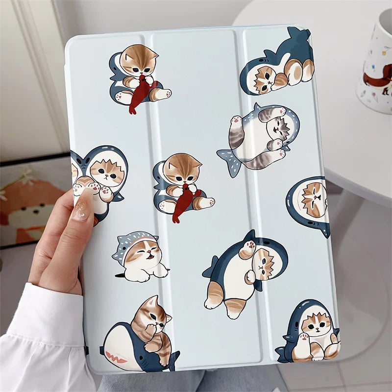 Cute Cat Shark Tablet Case For iPad Pro 11 inch Air 2024 iPad Air 5/4 10.9 10 5/6/7/8 10.2 9.7 inch Air3 10.5 mini 6/5/4 Cover