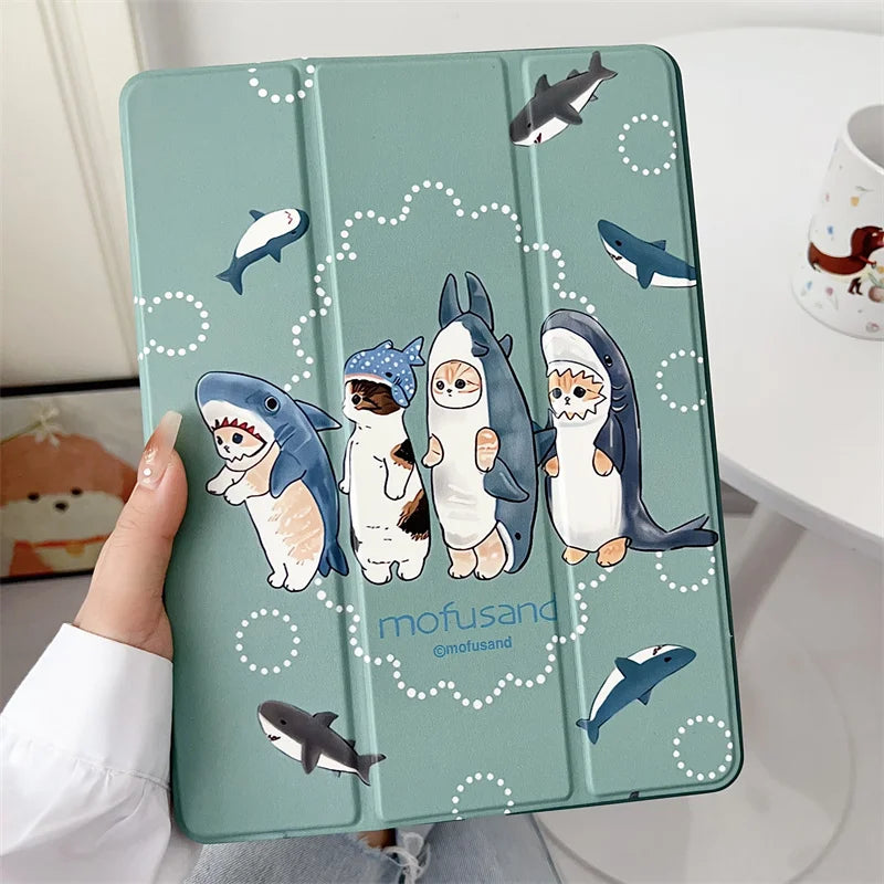 Cute Cat Shark Tablet Case For iPad Pro 11 inch Air 2024 iPad Air 5/4 10.9 10 5/6/7/8 10.2 9.7 inch Air3 10.5 mini 6/5/4 Cover