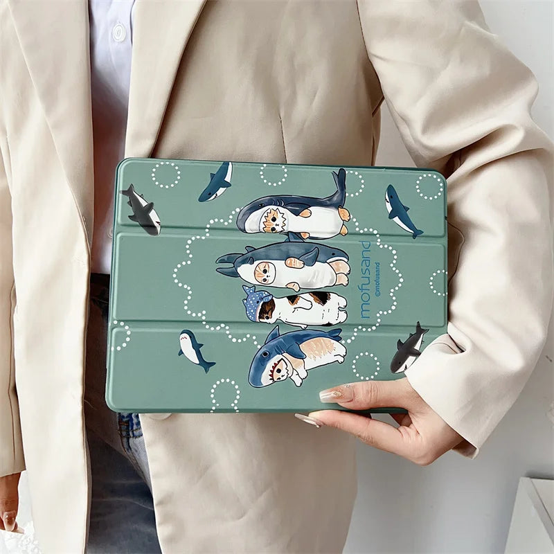 Cute Cat Shark Tablet Case For iPad Pro 11 inch Air 2024 iPad Air 5/4 10.9 10 5/6/7/8 10.2 9.7 inch Air3 10.5 mini 6/5/4 Cover