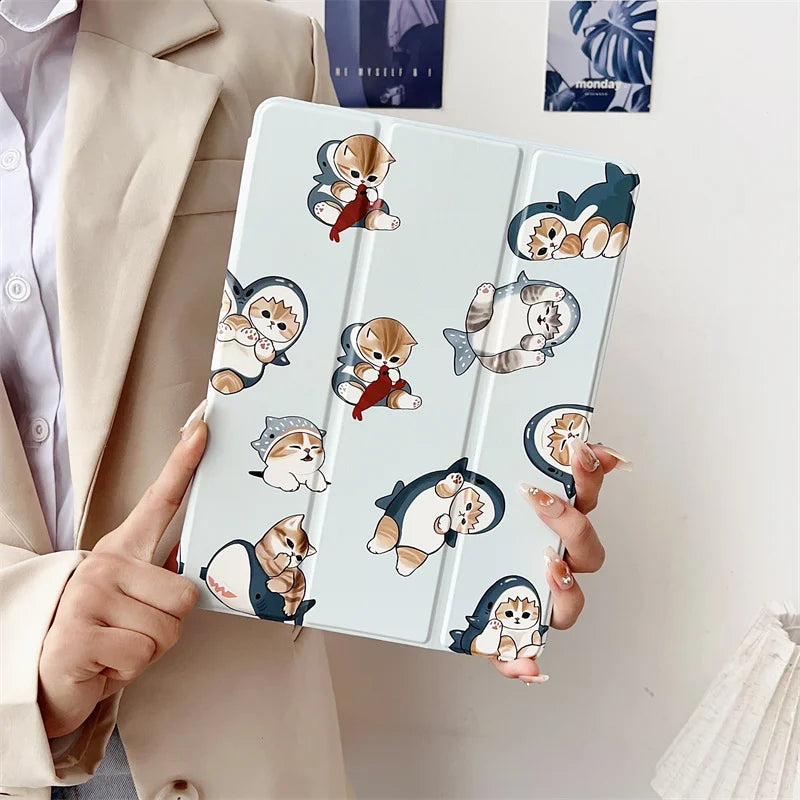 Cute Cat Shark Tablet Case For iPad Pro 11 inch Air 2024 iPad Air 5/4 10.9 10 5/6/7/8 10.2 9.7 inch Air3 10.5 mini 6/5/4 Cover