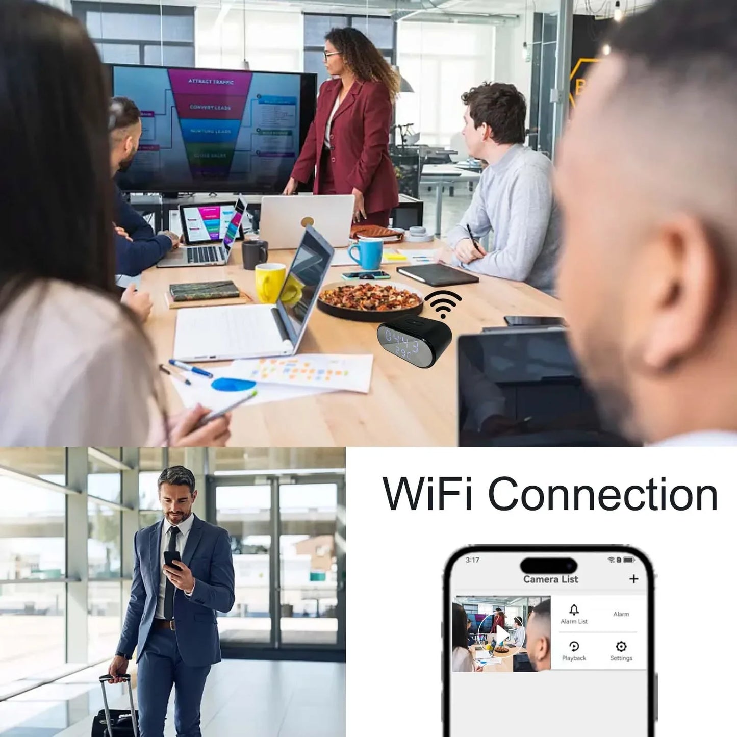 Smart 4K HD Clock Camera with WiFi, Motion Detection, App Control & Wireless Charging – Ideal for Indoor Security Monitoring