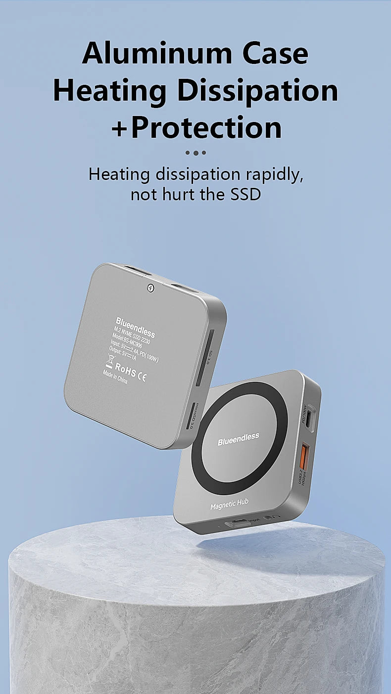 8-IN-1 Magnetic HUB SSD Enclosure Case for M.2 NVMe 10Gbps USB C 3.2 Gen2 PCI-E 100W Charger for iPhone15 Pro MacBook 2230-2280