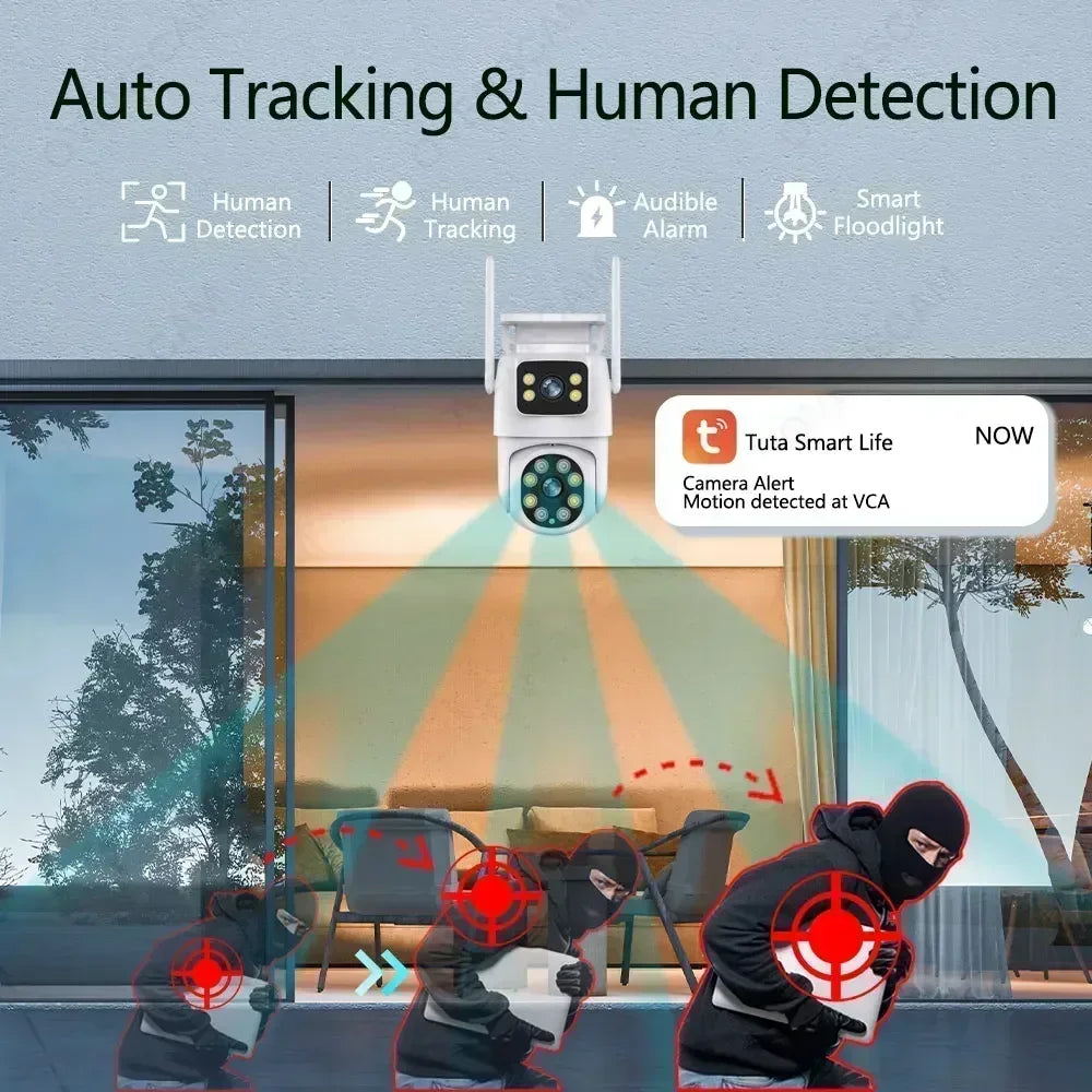 Smart Life 4K Wifi Solar PTZ Security Camera Dual Lens Outdoor Auto Tracking Wirelesss CCTV Video Surveillance Camera Tuya 8MP