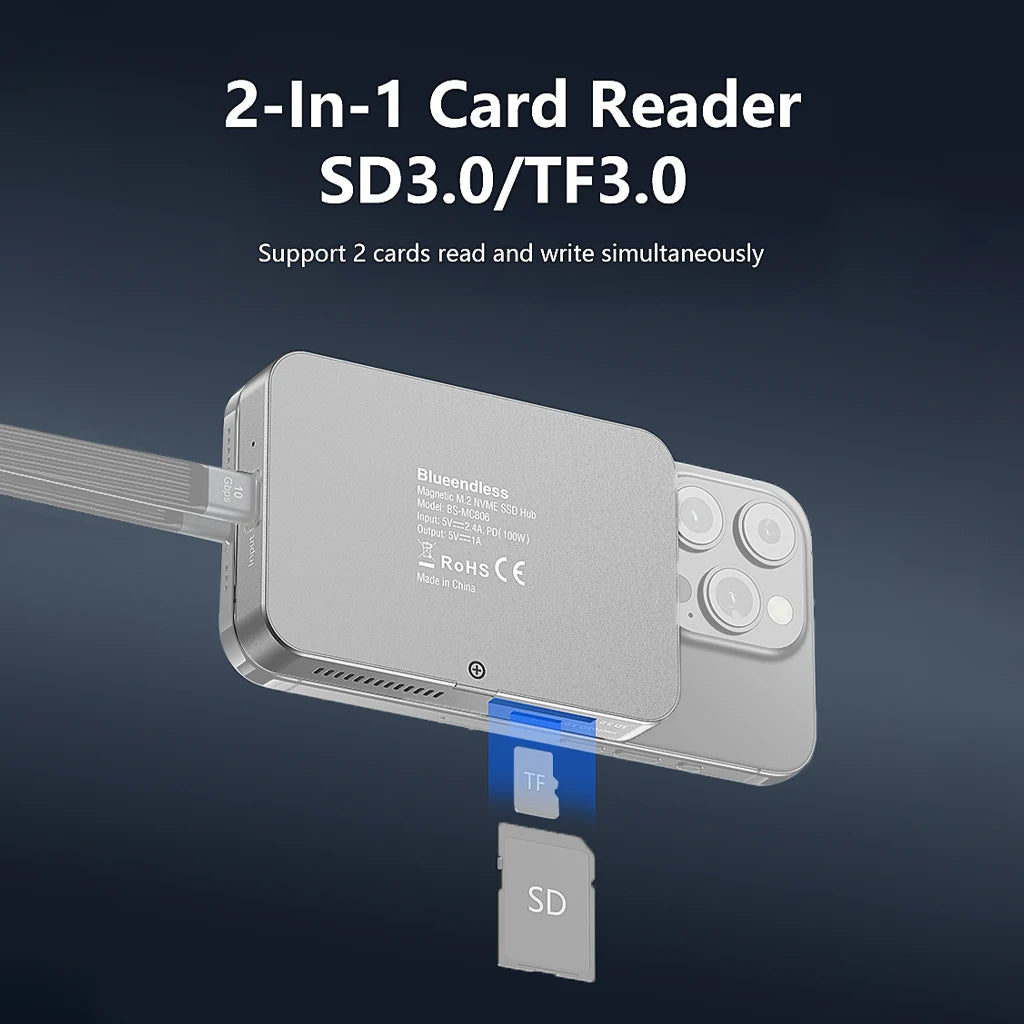 8-IN-1 Magnetic HUB SSD Enclosure Case for M.2 NVMe 10Gbps USB C 3.2 Gen2 PCI-E 100W Charger for iPhone15 Pro MacBook 2230-2280