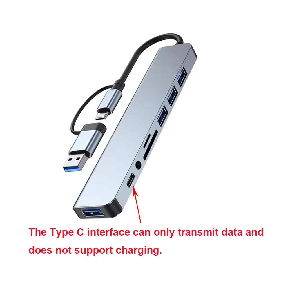 8 in 2 USB +Type C HUB Docking Station with 3.5mm Audio Jack Adapter Micro SD Card Reader Laptop Tablet Phone Disk Converter