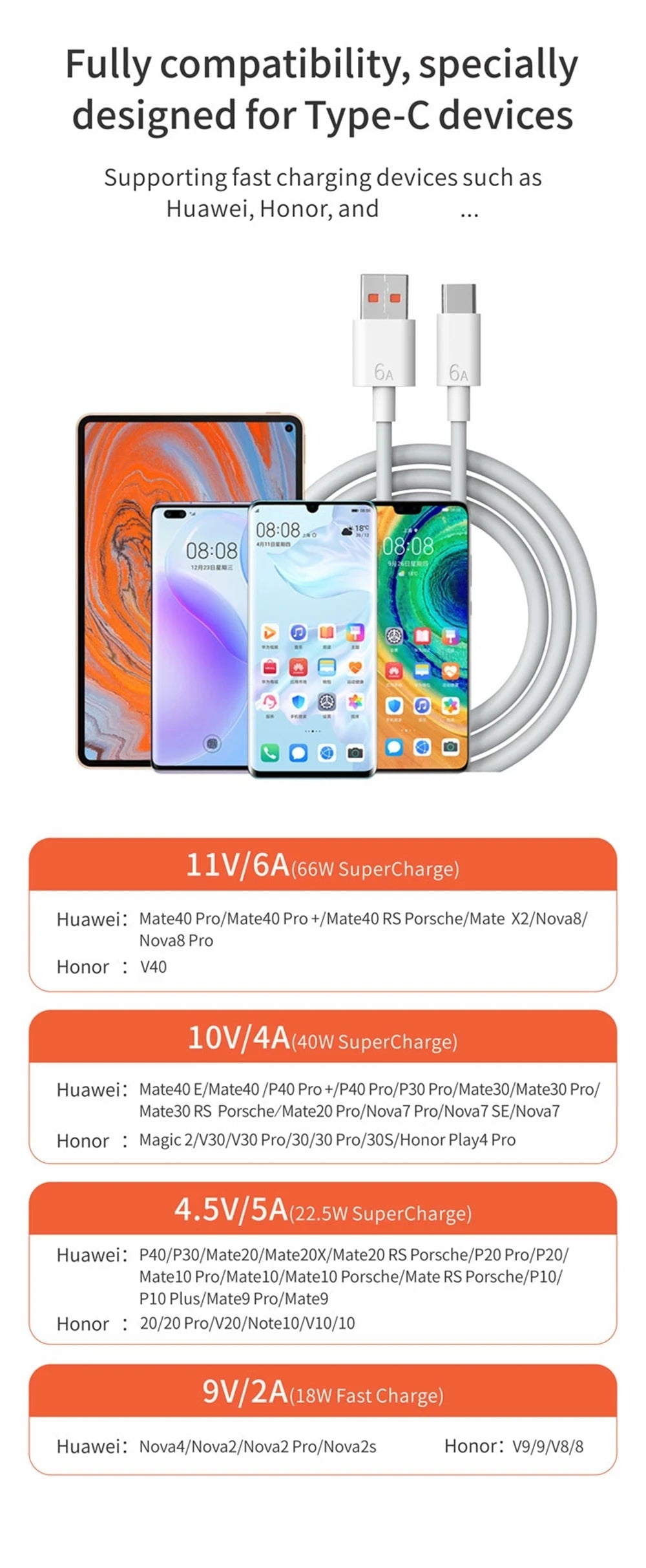 6A 66W Super Fast Charger Type C Cable for Huawei Mate 40 50 60 P50 P60 Nova 8 9 10 Honor 50 70 90 100 200 Lite X7 X8 X9 Magic 5