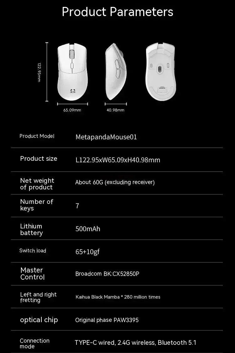 Metaphyuni Metapanda P1 Wireless Mouse P1 Pro Max Paw3395L ow Latency Lightweight E-Sports Gaming Mouse Ergonomics Pc Gamer Gift