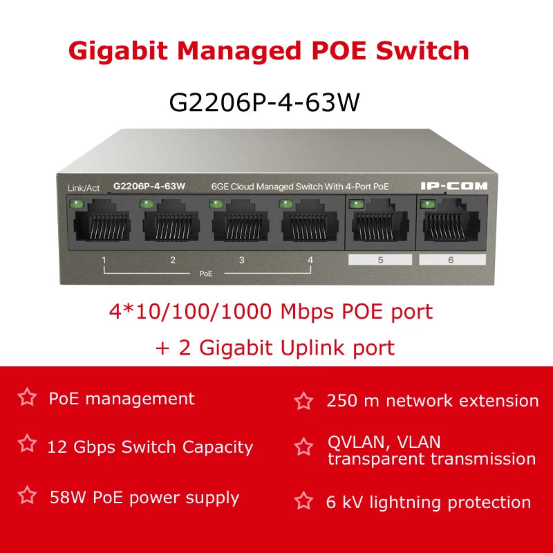 Full Gigabit PoE Managed Switch 6 10 Port Management 1000Mbps POE+Uplinks Network PoE Switch 802.3 af/at for AP/IP Camera//CCTV