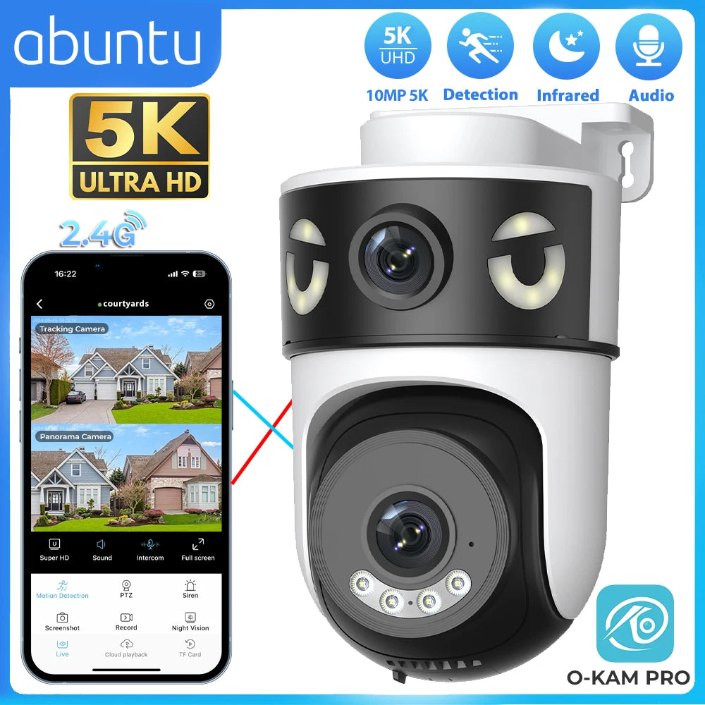 10MP 5K Dual Lens Dual Screens Wifi Security Camera 5X Digital Zoom Video Surveillance Night Vision Human Detection O-KAM PRO