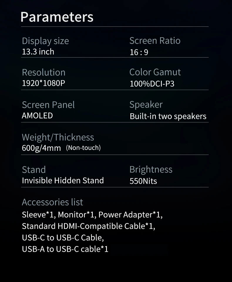 13.3'' 1080p Portable Monitor Samsung Oled Panel 100%DCI-P3 USB-C HDMI-Compatible Travelling Display for PC Laptop Xbox Switch