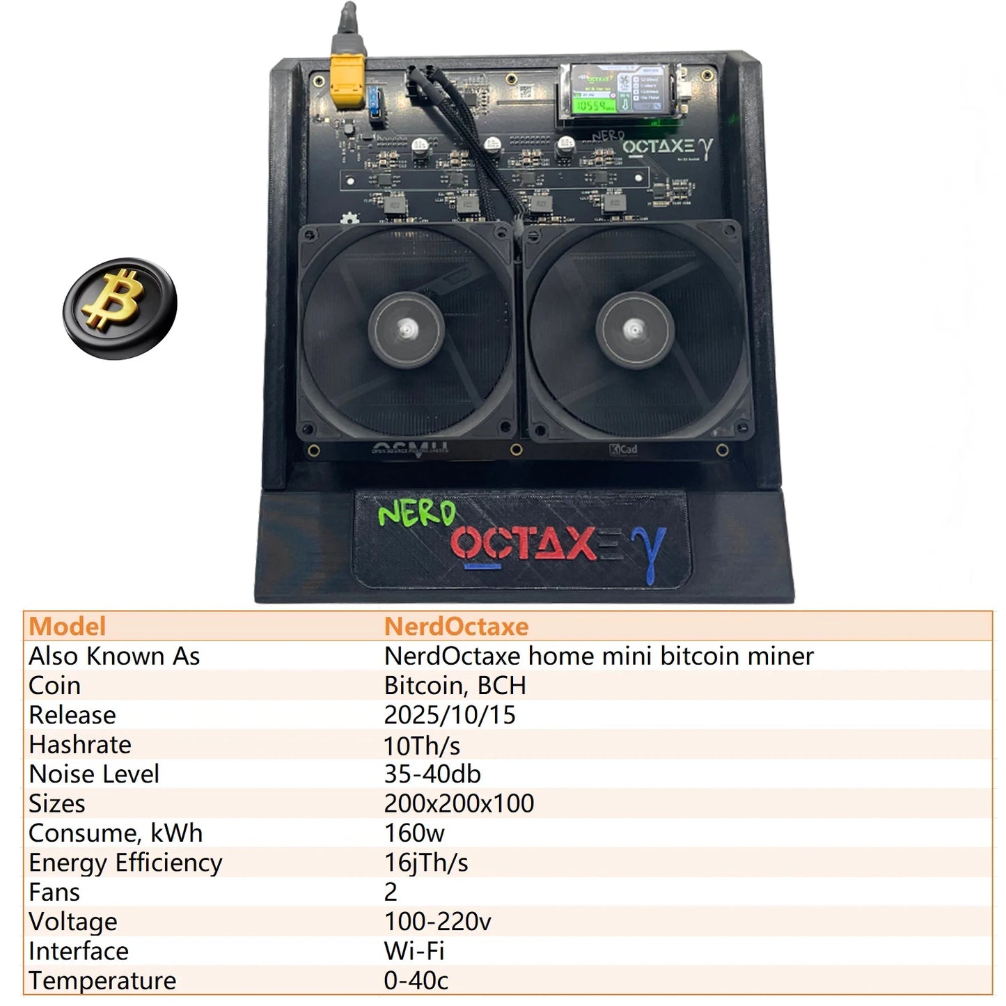 2025 New NerdOCTAxe Air Cooling 10Th/s 160W Sha-256 Bitcion Miner Nerd Octaxe Home Mini Bitcoin BCH Dual Fans Mining Machine