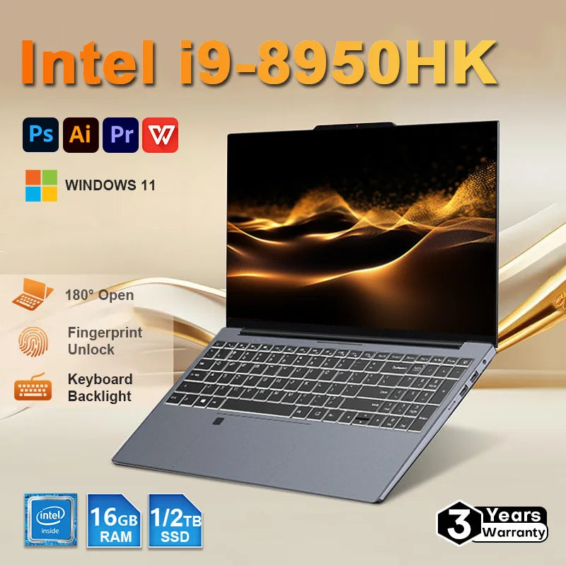 15.6 inch Potrable Laptop Computer Windows 11 Pro Intel Core i9 8950HK Gaming Laptop 16GB RAM 512GB 1/2TB SSD Notebook PC Gamer