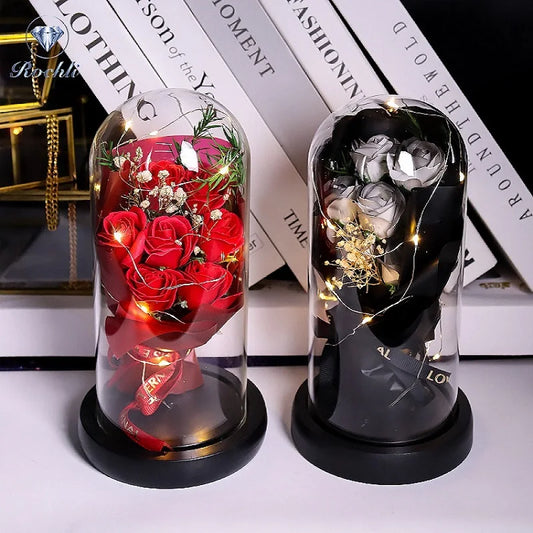 Everlasting Rose LED Glass Dome Bouquet Romantic Illuminated Ornament Perfect Valentine's Day Christmas Home Decor Romantic Gift