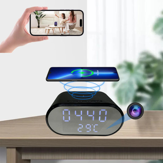 Smart 4K HD Clock Camera with WiFi, Motion Detection, App Control & Wireless Charging – Ideal for Indoor Security Monitoring
