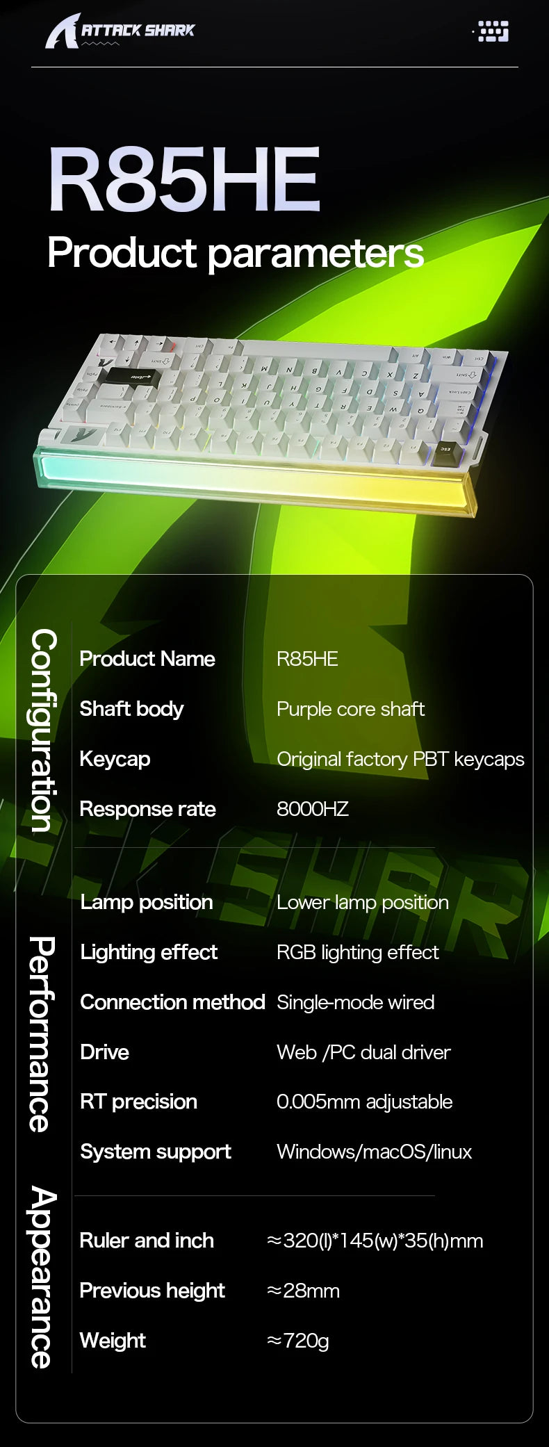 Attack Shark R85HE wired gaming keyboard 1600W RGB 8KHZ magnetic axis mechanical keyboard