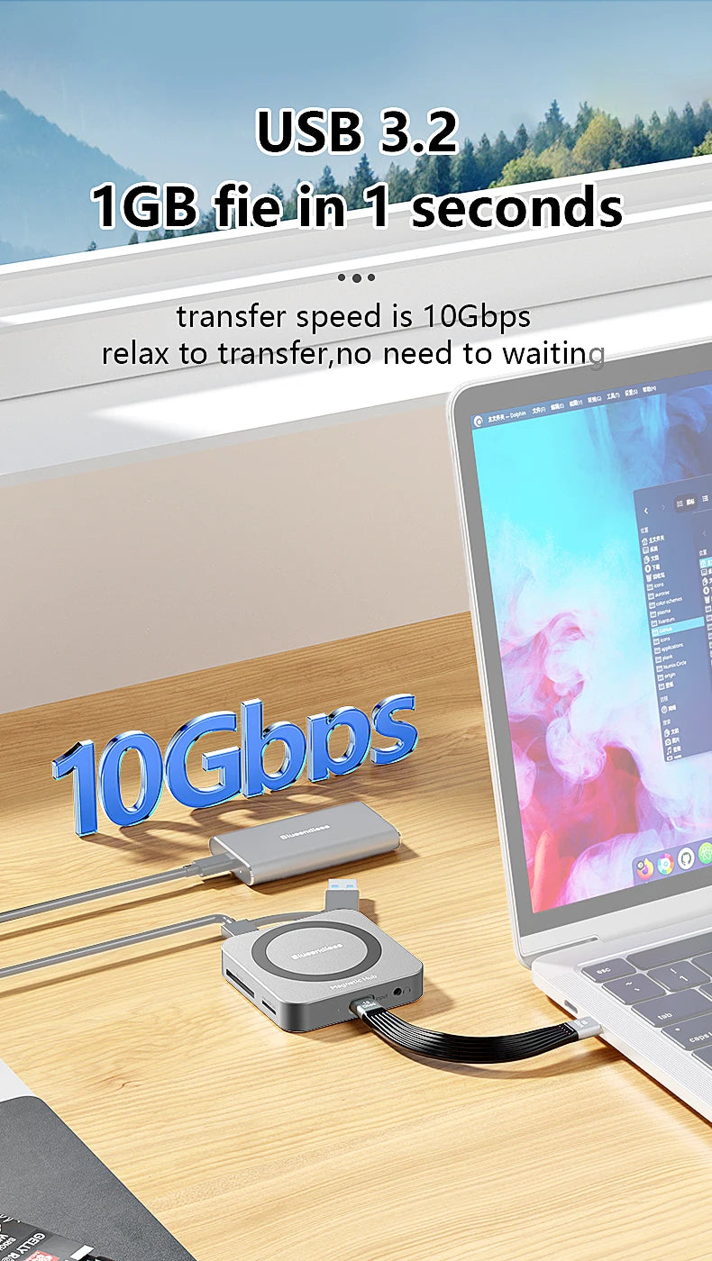 8-IN-1 Magnetic HUB SSD Enclosure Case for M.2 NVMe 10Gbps USB C 3.2 Gen2 PCI-E 100W Charger for iPhone15 Pro MacBook 2230-2280