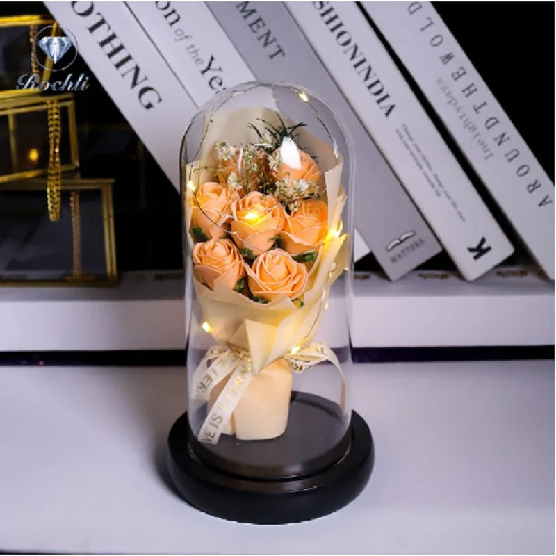 Everlasting Rose LED Glass Dome Bouquet Romantic Illuminated Ornament Perfect Valentine's Day Christmas Home Decor Romantic Gift