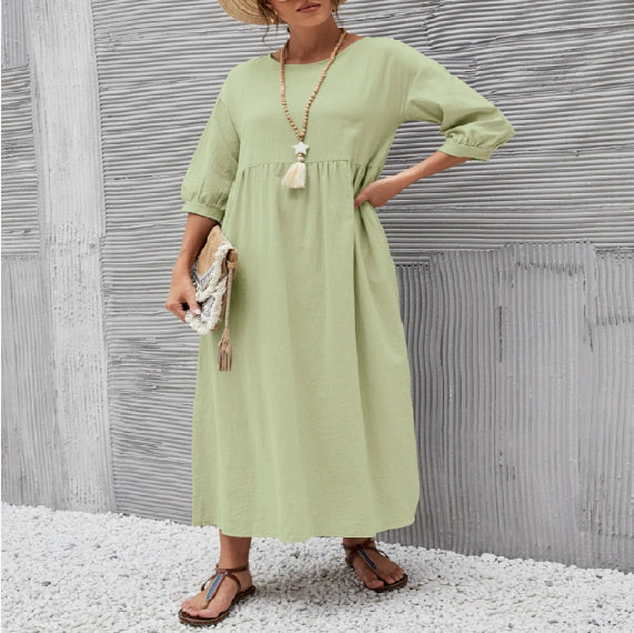 Summer Short-sleeved Dress With Pockets Fashion Solid Round Neck A-line Dresses For Women Clothing