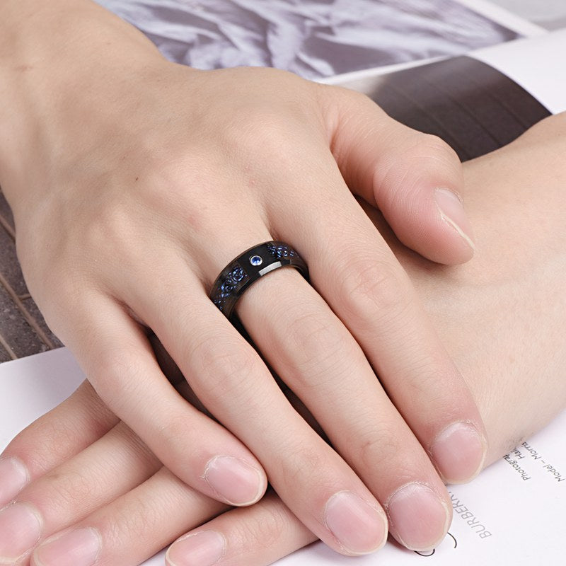8Mm Wide Inlaid Black Dragon Pattern Blue Carbon Fiber Men'S Tungsten Ring USA Size 7-14, Without Battery