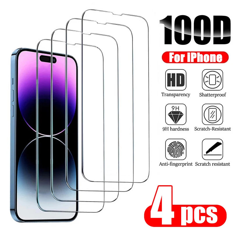 4PCS Full Cover Tempered Glass For iPhone 11 12 13 14 15 Pro Max Screen Protector For iPhone 11 12 13 14 15 Plus Glass Film.