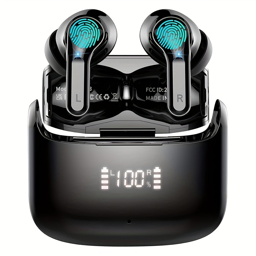 Wireless Earbud, Wireless Headphones 5.3 Stereo Bass Earphones, Ear Buds 40H Dual Mic Call, Earbud in-Ear USB-C LED Display Sport Headset.