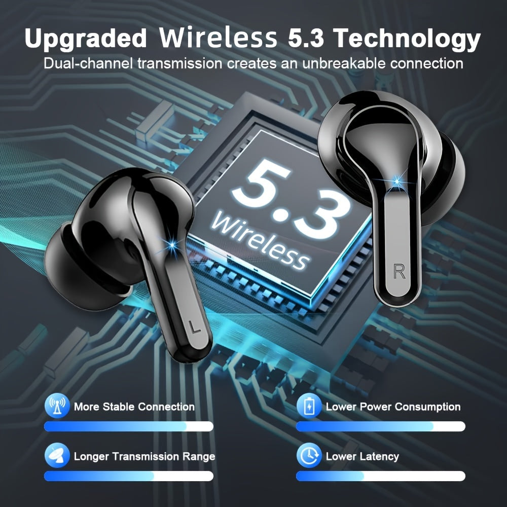 Wireless Earbud, Wireless Headphones 5.3 Stereo Bass Earphones, Ear Buds 40H Dual Mic Call, Earbud in-Ear USB-C LED Display Sport Headset.