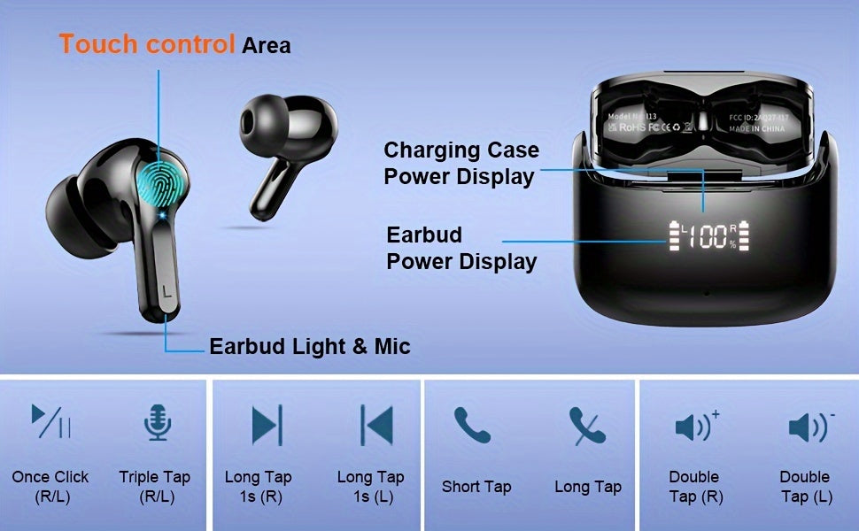 Wireless Earbud, Wireless Headphones 5.3 Stereo Bass Earphones, Ear Buds 40H Dual Mic Call, Earbud in-Ear USB-C LED Display Sport Headset.
