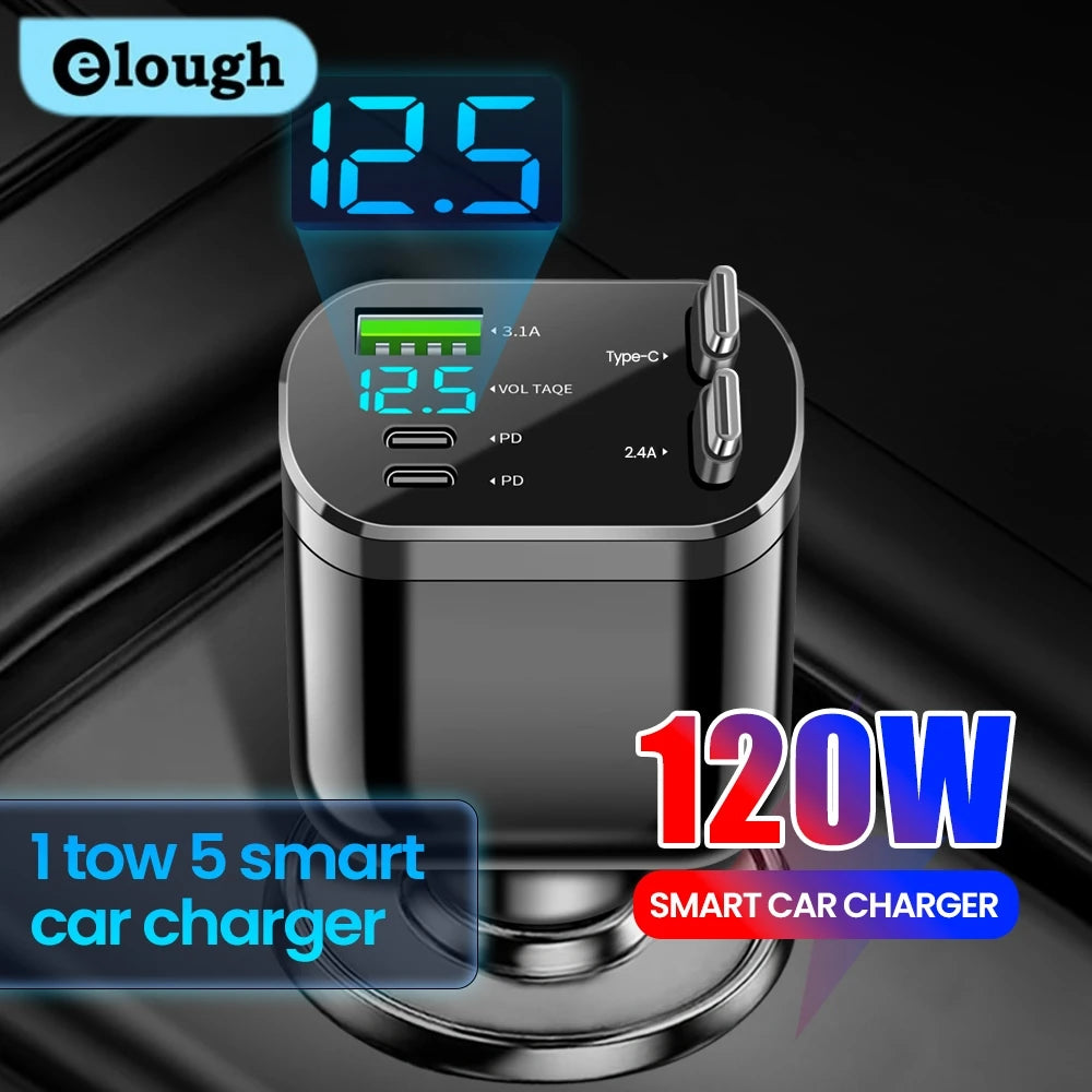 Elough Retractable Car Charger 5 in 1 Fast Charging Car Charger Retractable Cable 2 type c Ports Car Charger Adapter Compatible - HAMZAKHANSTORE