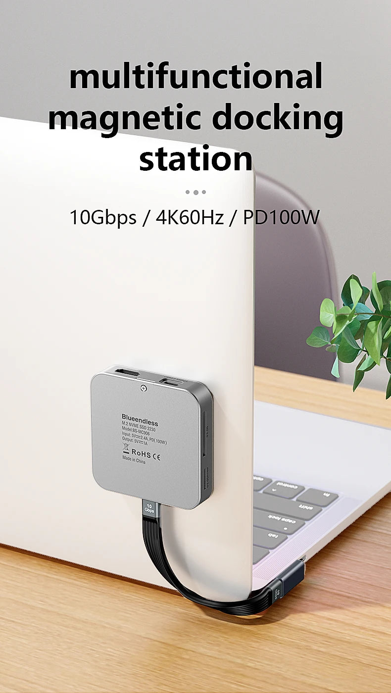 8-IN-1 Magnetic HUB SSD Enclosure Case for M.2 NVMe 10Gbps USB C 3.2 Gen2 PCI-E 100W Charger for iPhone15 Pro MacBook 2230-2280 - HAMZAKHANSTORE