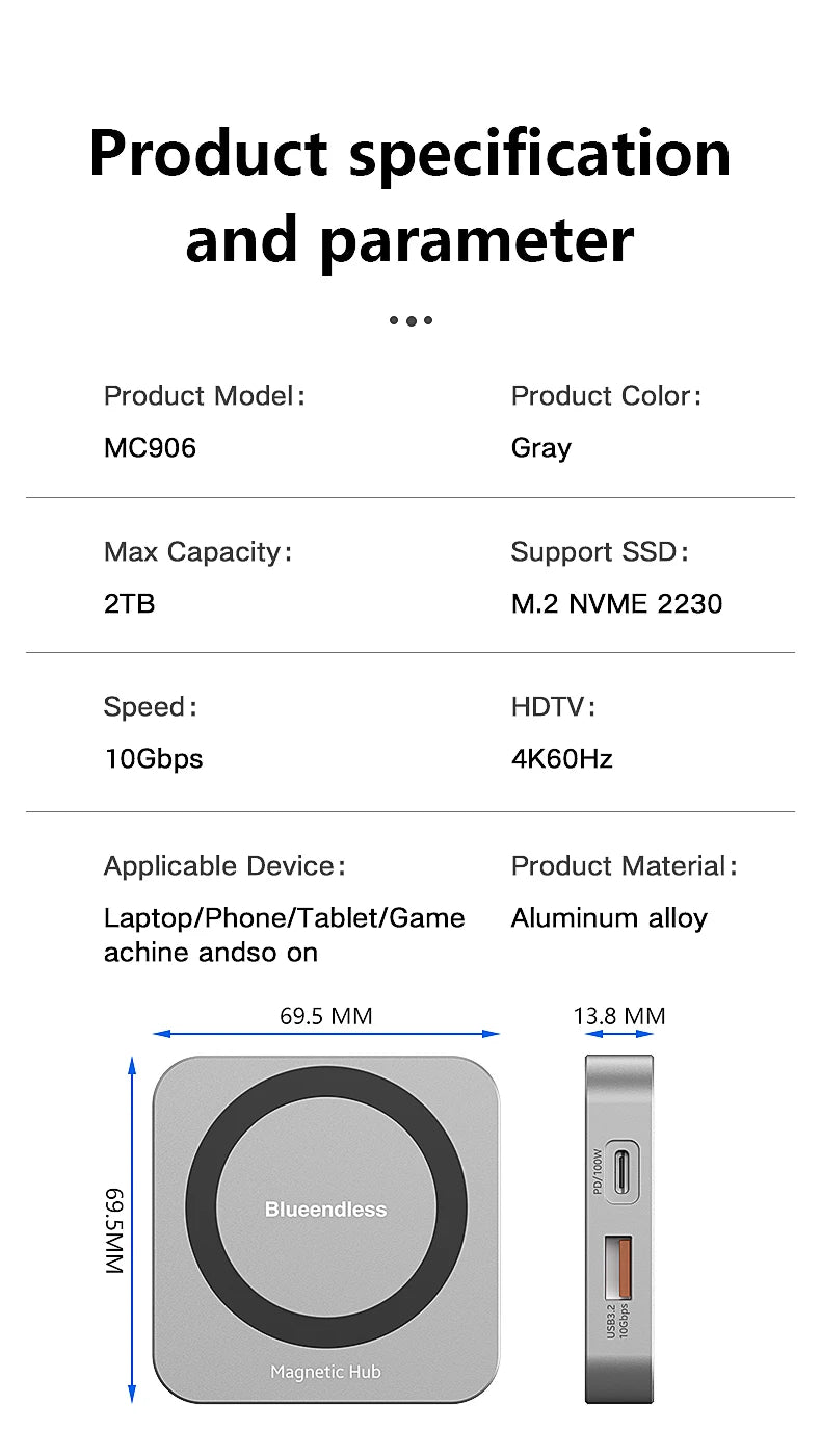 8-IN-1 Magnetic HUB SSD Enclosure Case for M.2 NVMe 10Gbps USB C 3.2 Gen2 PCI-E 100W Charger for iPhone15 Pro MacBook 2230-2280 - HAMZAKHANSTORE