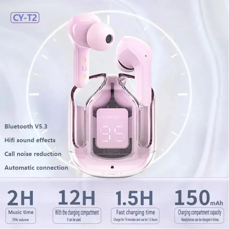Original T2 Wireless Bluetooth Earphone Transparent HIFI Headphones LED Power Digital Display Stereo Sound Earphones for Xiaomi - HAMZAKHANSTORE