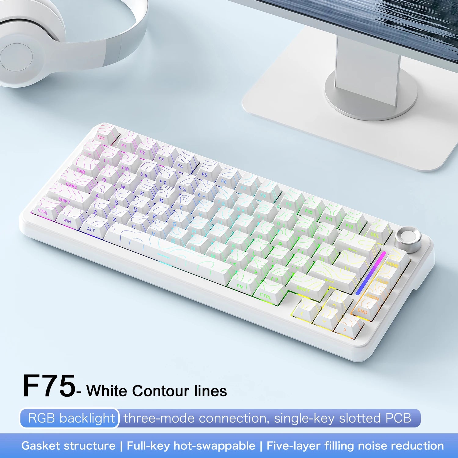 75% Hot Swap Gaming Keyboard Wireless FREEWOL F75 RGB Mechanical Keyboard with Metal Knobs AULA F75 Same Model,Tri-Mode,4000 mAh.