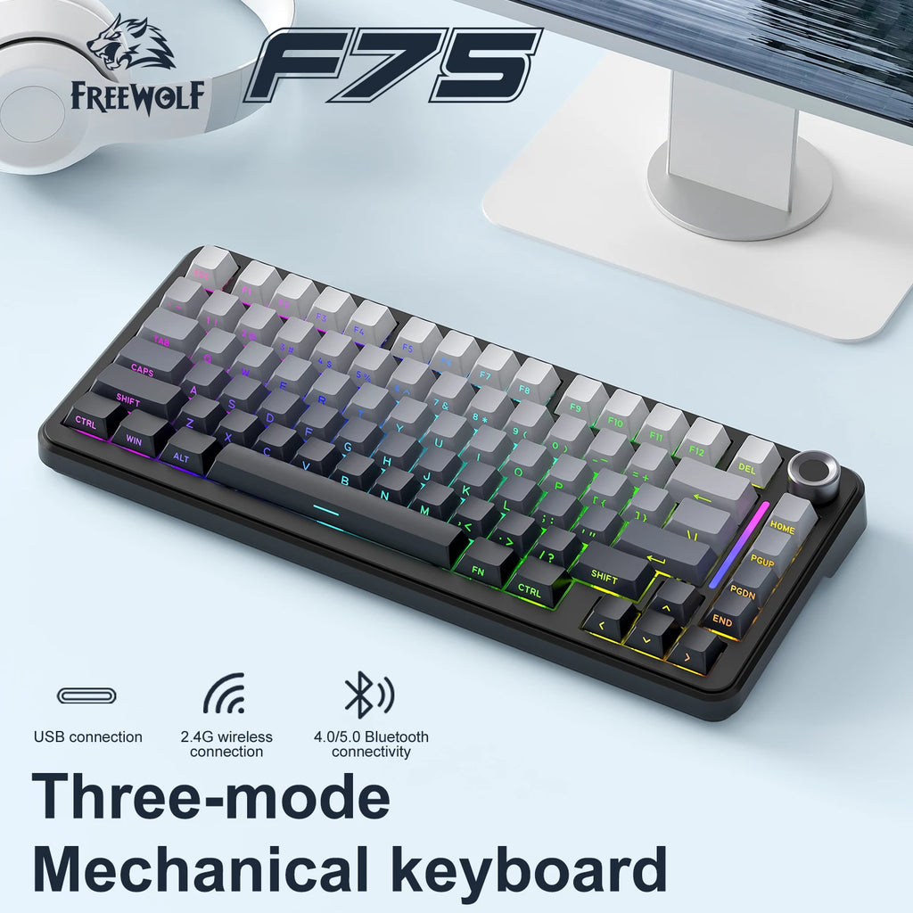 75% Hot Swap Gaming Keyboard Wireless FREEWOL F75 RGB Mechanical Keyboard with Metal Knobs AULA F75 Same Model,Tri-Mode,4000 mAh.