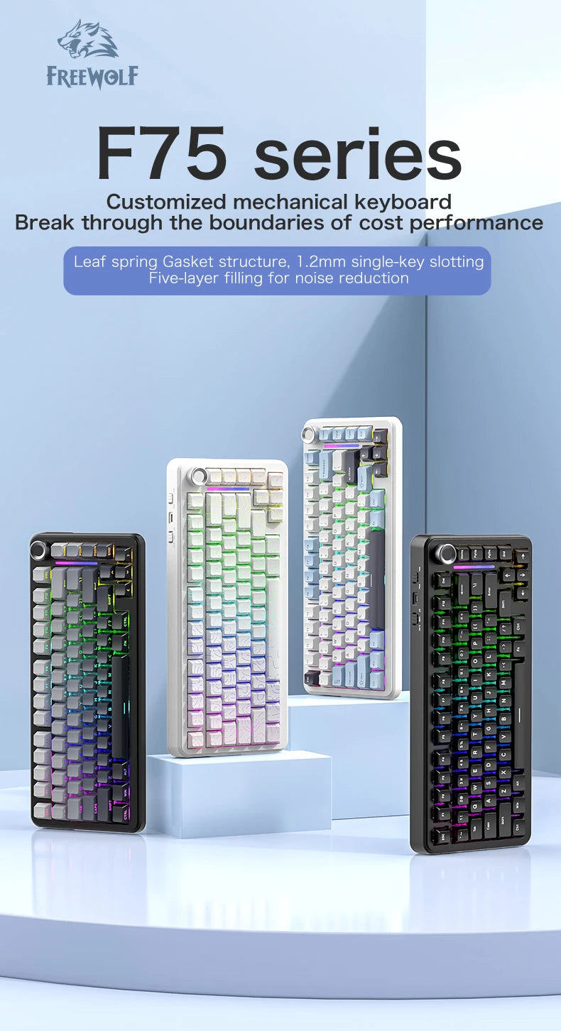 75% Hot Swap Gaming Keyboard Wireless FREEWOL F75 RGB Mechanical Keyboard with Metal Knobs AULA F75 Same Model,Tri-Mode,4000 mAh.