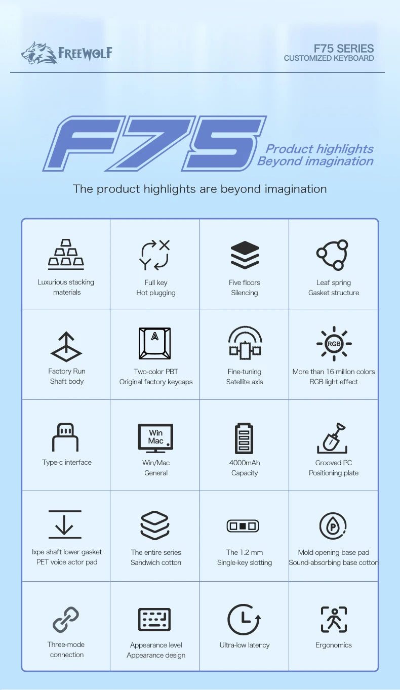 75% Hot Swap Gaming Keyboard Wireless FREEWOL F75 RGB Mechanical Keyboard with Metal Knobs AULA F75 Same Model,Tri-Mode,4000 mAh.