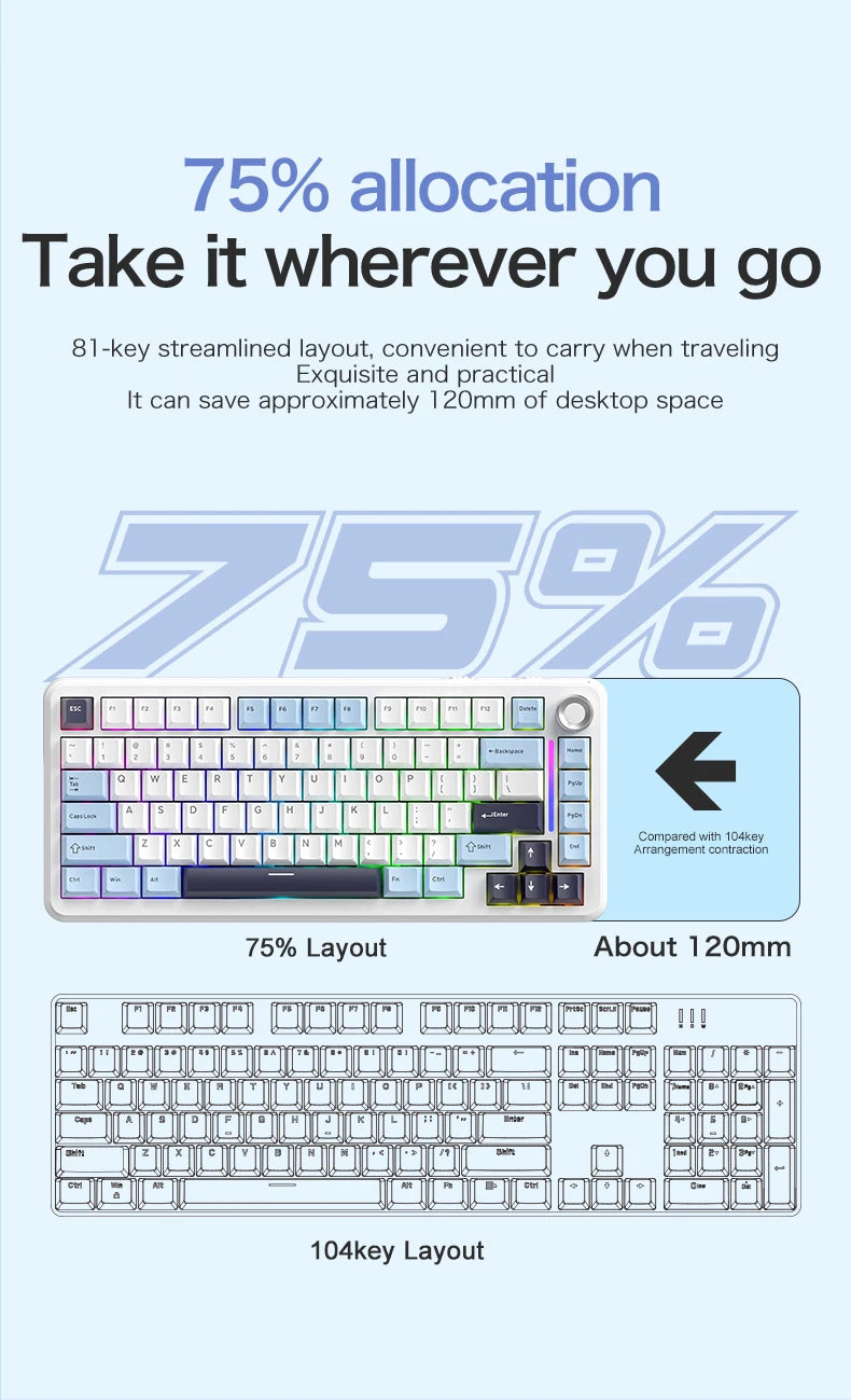 75% Hot Swap Gaming Keyboard Wireless FREEWOL F75 RGB Mechanical Keyboard with Metal Knobs AULA F75 Same Model,Tri-Mode,4000 mAh.